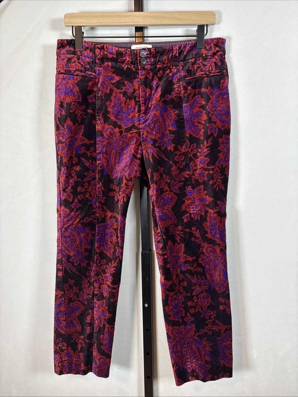 Anthropologie Essential Slim Pants Ankle Women's 8 Velvet Purple Floral Boho Art